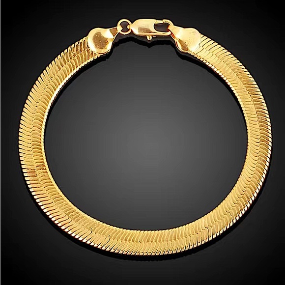 Gold Herringbone Flat Necklace Bracelet Set, Unisex, Two Piece 4mm - Picture 6 of 9
